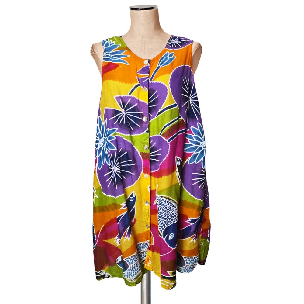 COLORFUL PEPPERMINT BAY 100% Cotton FIsh Print Summer Tunic Top M